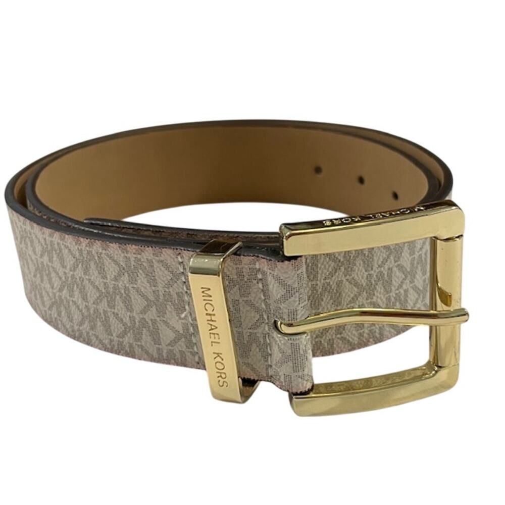 Michael Kors Women's White/Khaki Belt With MK Logo Throughout